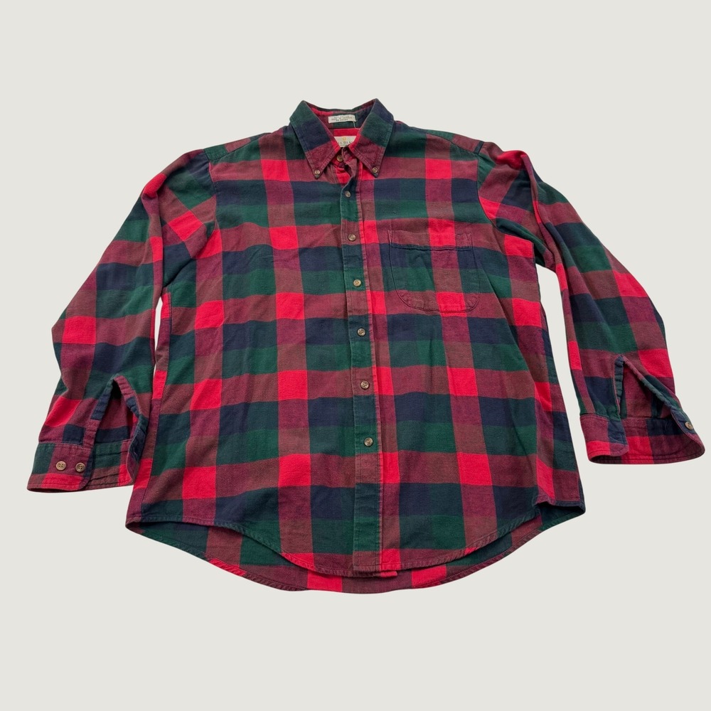 Bill Blass Flannel Shirt Mens Large Red Green Navy Plaid Cotton Button Down